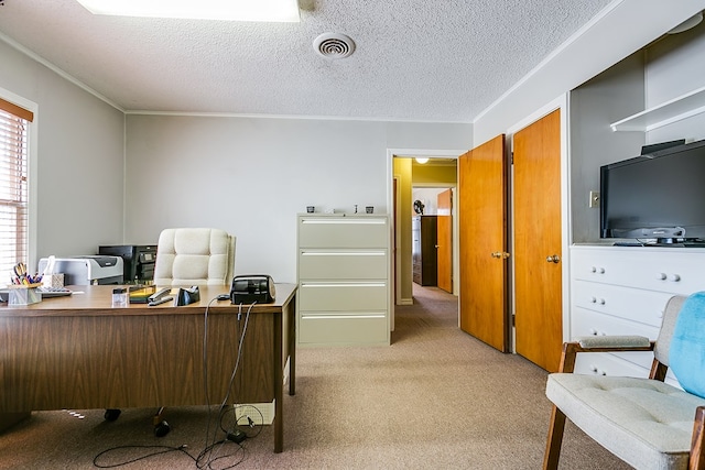 office area featuring crown molding, light carpet, and a textured ceiling