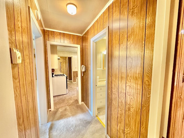 hall featuring crown molding, light colored carpet, and wood walls