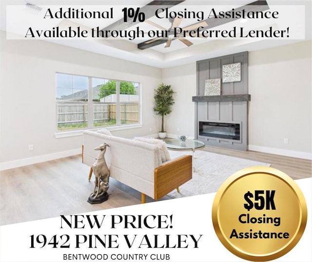 1942 Pine Valley St, San Angelo, TX 76904 - living room with coffered ceiling, wood finished floors, a glass covered fireplace, ceiling fan, and beamed ceiling