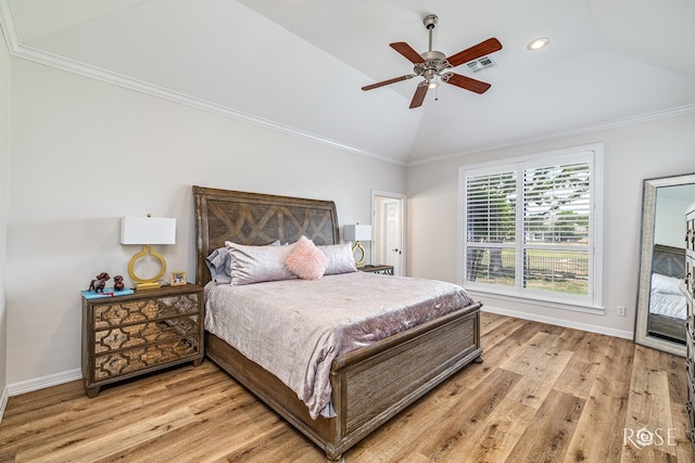 2141 Valleyview Dr, San Angelo, TX 76904 - bedroom featuring lofted ceiling, light wood-style floors, recessed lighting, baseboards, and a ceiling fan