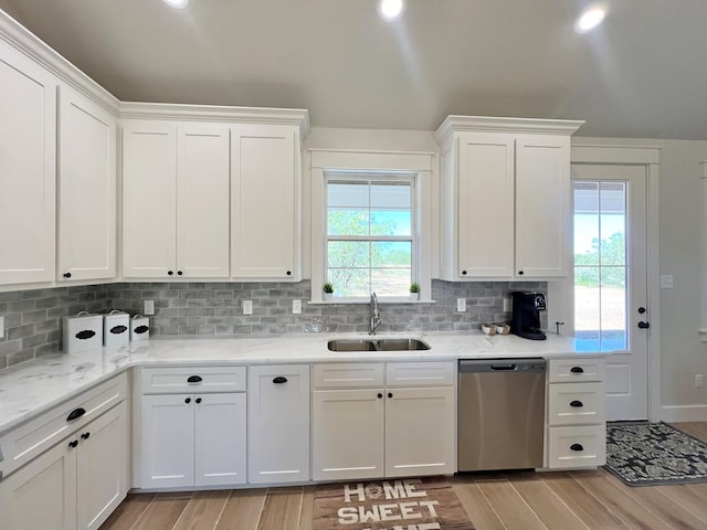 kitchen featuring white cabinetry, stainless steel dishwasher, sink, and tasteful backsplash