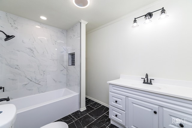 4815 Bowie St, San Angelo, TX 76903 - bathroom with toilet, marble look tile flooring, vanity, tub / shower combination, and ornamental molding