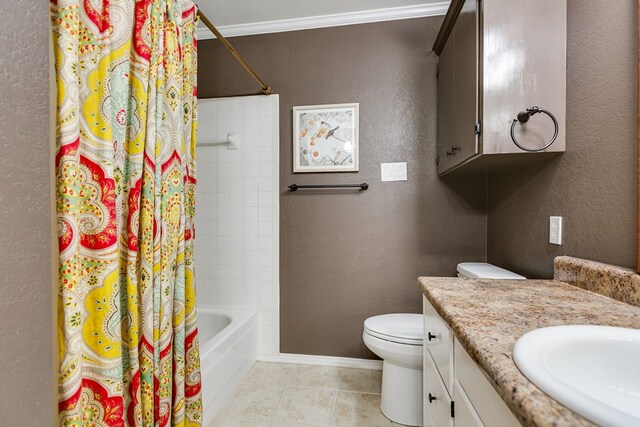 bathroom with toilet, vanity, shower / tub combo, tile patterned flooring, and baseboards