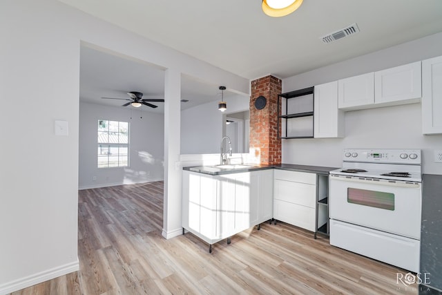 kitchen with white cabinetry, white electric range, light hardwood / wood-style flooring, and decorative light fixtures