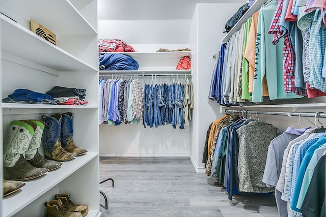 walk in closet with light hardwood / wood-style floors