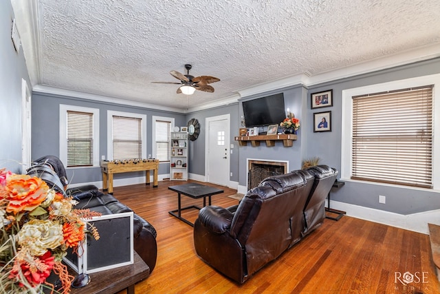 living room featuring wood-type flooring, ornamental molding, and a textured ceiling