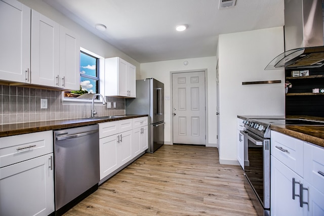 1106 Gregory Dr, San Angelo, TX 76905 - kitchen with stainless steel appliances, wall chimney exhaust hood, light wood finished floors, decorative backsplash, and white cabinetry
