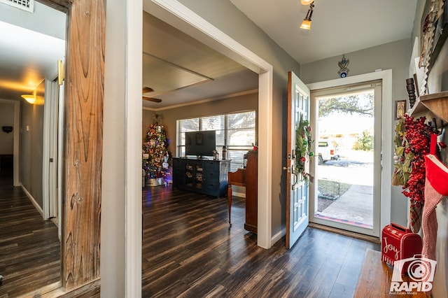 entryway featuring crown molding, ceiling fan, and dark hardwood / wood-style flooring