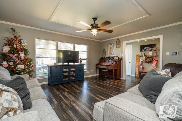 living room featuring crown molding, ceiling fan, dark hardwood / wood-style floors, and a wealth of natural light