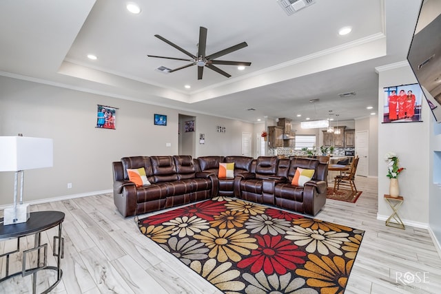 living room with light hardwood / wood-style flooring and a raised ceiling