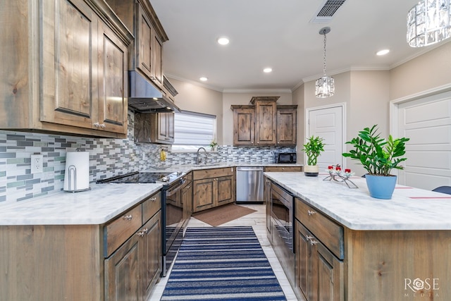 kitchen with sink, hanging light fixtures, stainless steel appliances, a center island, and ventilation hood