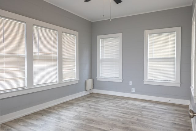 1905 Live Oak St, San Angelo, TX 76901 - spare room with light wood-style flooring, crown molding, baseboards, ceiling fan, and radiator heating unit