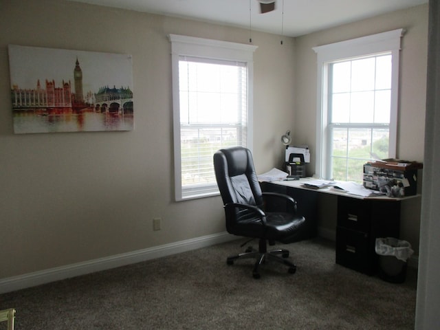 office space with carpet flooring and ceiling fan