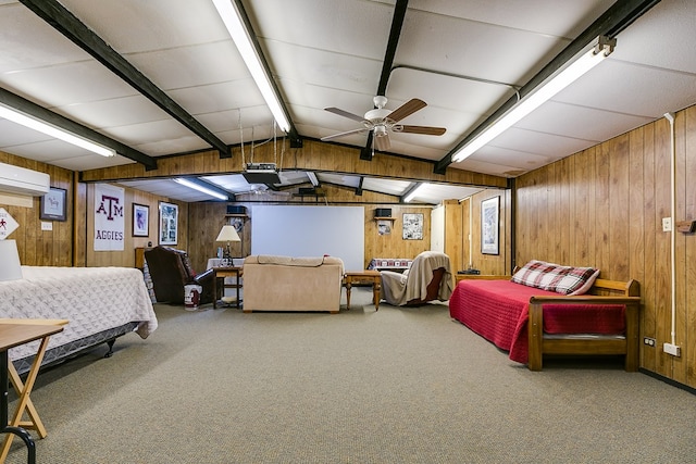 6290 Stokes Rd, San Angelo, TX 76904 - bedroom featuring wooden walls, carpet, and a wall mounted air conditioner
