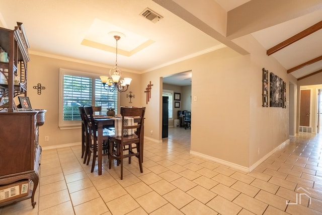 dining area with crown molding, vaulted ceiling, light tile patterned floors, and a notable chandelier