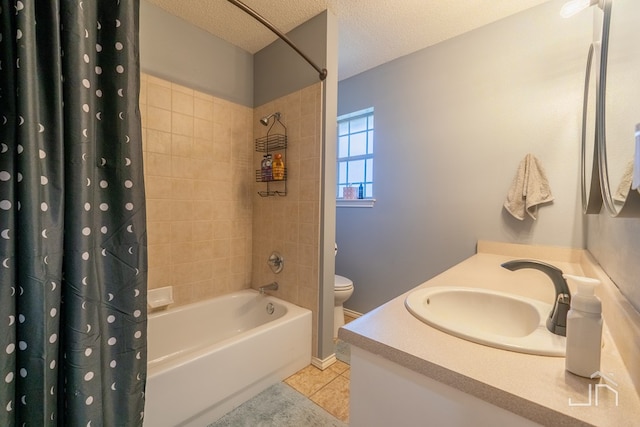 bathroom with tile patterned floors, shower / tub combo with curtain, toilet, a textured ceiling, and vanity