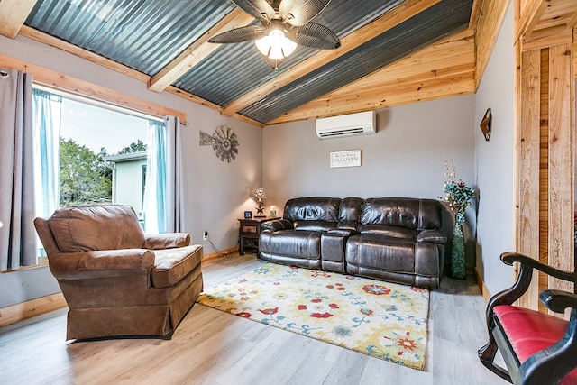 living room featuring vaulted ceiling with beams, wood ceiling, a wall unit AC, ceiling fan, and light hardwood / wood-style floors