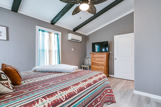 bedroom featuring ceiling fan, lofted ceiling with beams, a wall unit AC, and light hardwood / wood-style flooring