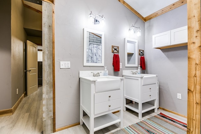 bathroom with ornamental molding, vanity, and hardwood / wood-style floors