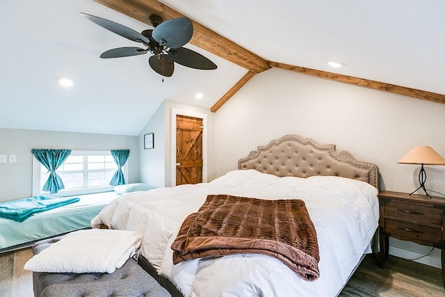 bedroom with ceiling fan, dark hardwood / wood-style floors, and lofted ceiling with beams