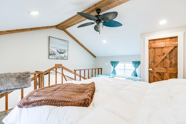 bedroom with lofted ceiling with beams and ceiling fan