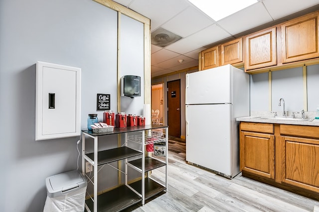 kitchen with white refrigerator, sink, a drop ceiling, and light hardwood / wood-style flooring