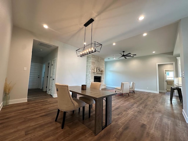 3611 Clearview Dr, San Angelo, TX 76904 - dining space featuring a stone fireplace, dark wood finished floors, ceiling fan, and recessed lighting
