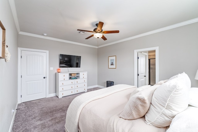 carpeted bedroom with visible vents, baseboards, ceiling fan, and crown molding