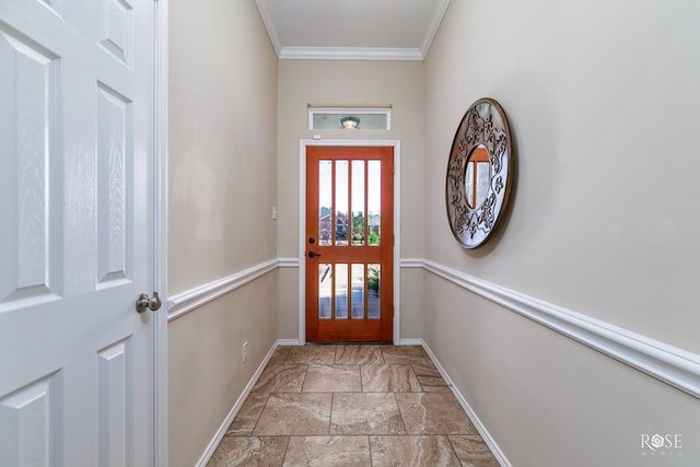 doorway to outside featuring crown molding