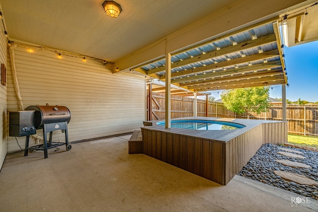 exterior space with a fenced in pool, grilling area, and a pergola