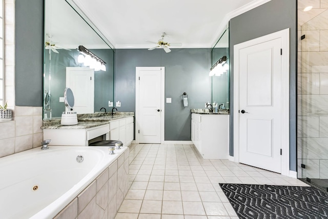 bathroom featuring ceiling fan, ornamental molding, tile patterned flooring, and vanity