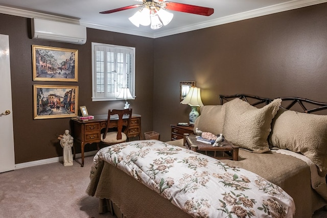 carpeted bedroom with ceiling fan, ornamental molding, and a wall mounted AC