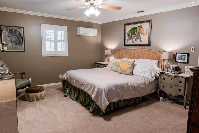 bedroom featuring crown molding, ceiling fan, carpet flooring, and a wall mounted AC