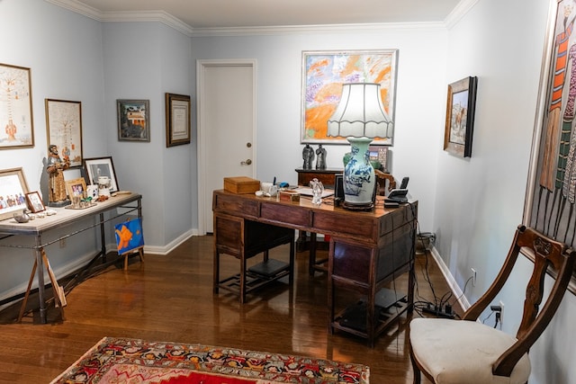 office area with ornamental molding and dark hardwood / wood-style floors