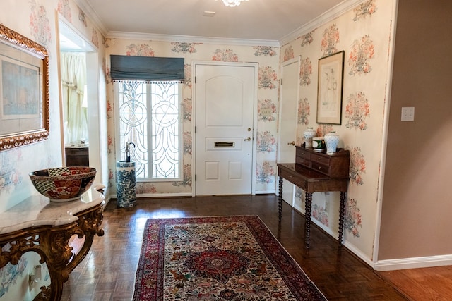 entryway featuring ornamental molding and dark parquet floors