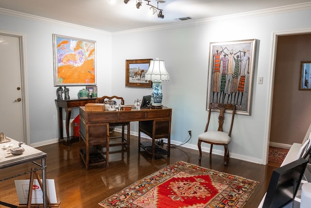 office area with crown molding and dark hardwood / wood-style floors