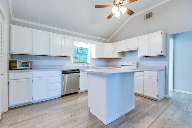 kitchen featuring dishwasher, lofted ceiling, white cabinets, ornamental molding, and white range with electric cooktop