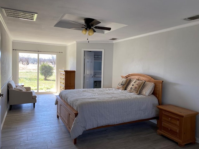 bedroom with sink, access to exterior, ceiling fan, crown molding, and dark wood-type flooring