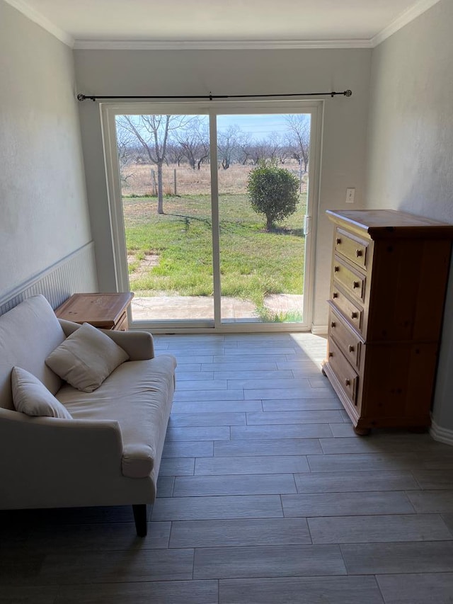 living area featuring crown molding