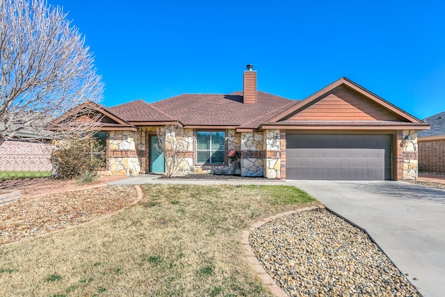 ranch-style home featuring a garage and a front yard