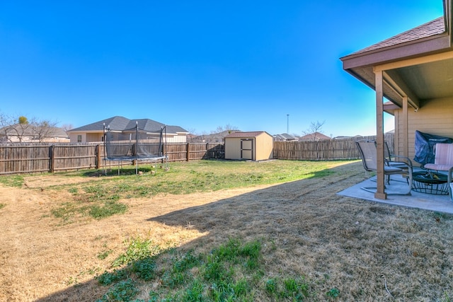 view of yard featuring a patio, a trampoline, and a storage unit