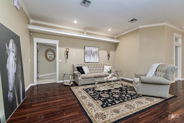 living room featuring crown molding and dark wood-type flooring