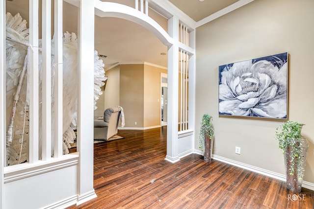 interior space with ornamental molding and dark hardwood / wood-style floors