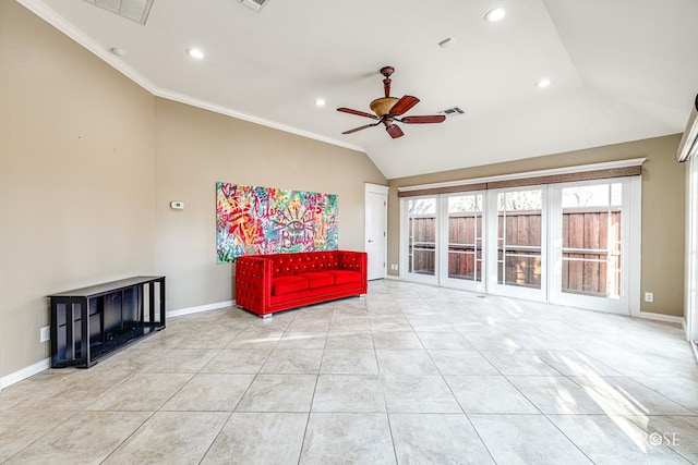 living area with lofted ceiling, light tile patterned floors, ornamental molding, and ceiling fan