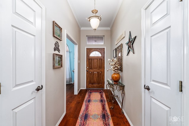 doorway featuring crown molding, dark wood-style floors, and baseboards