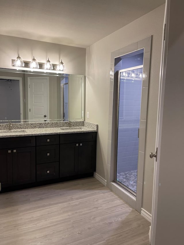 bathroom with a shower with door, vanity, and hardwood / wood-style floors