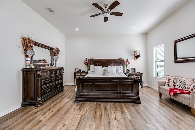 bedroom featuring ceiling fan and light wood-type flooring