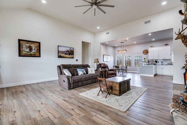 15016 Fm 1929, Millersview, TX 76862 - living room with ceiling fan, a high ceiling, and light wood-type flooring