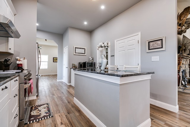 kitchen with white cabinetry, extractor fan, stainless steel appliances, and light wood-type flooring