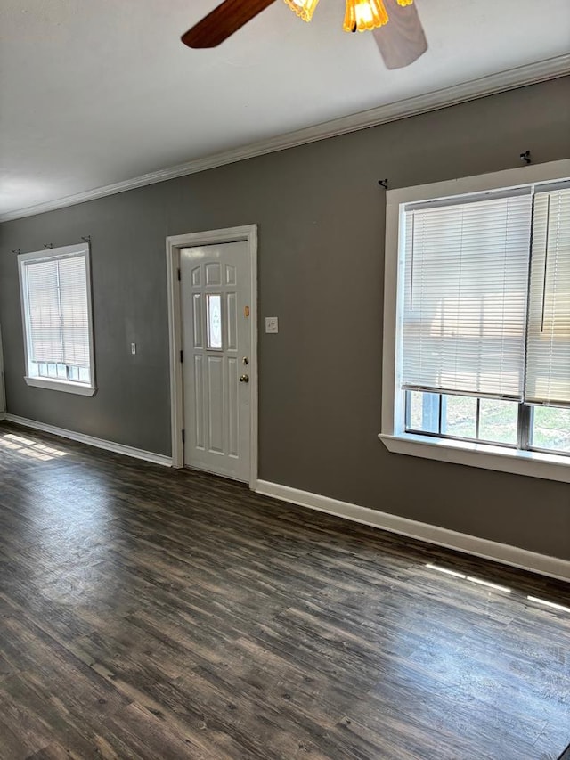 entryway featuring ceiling fan, crown molding, and a healthy amount of sunlight